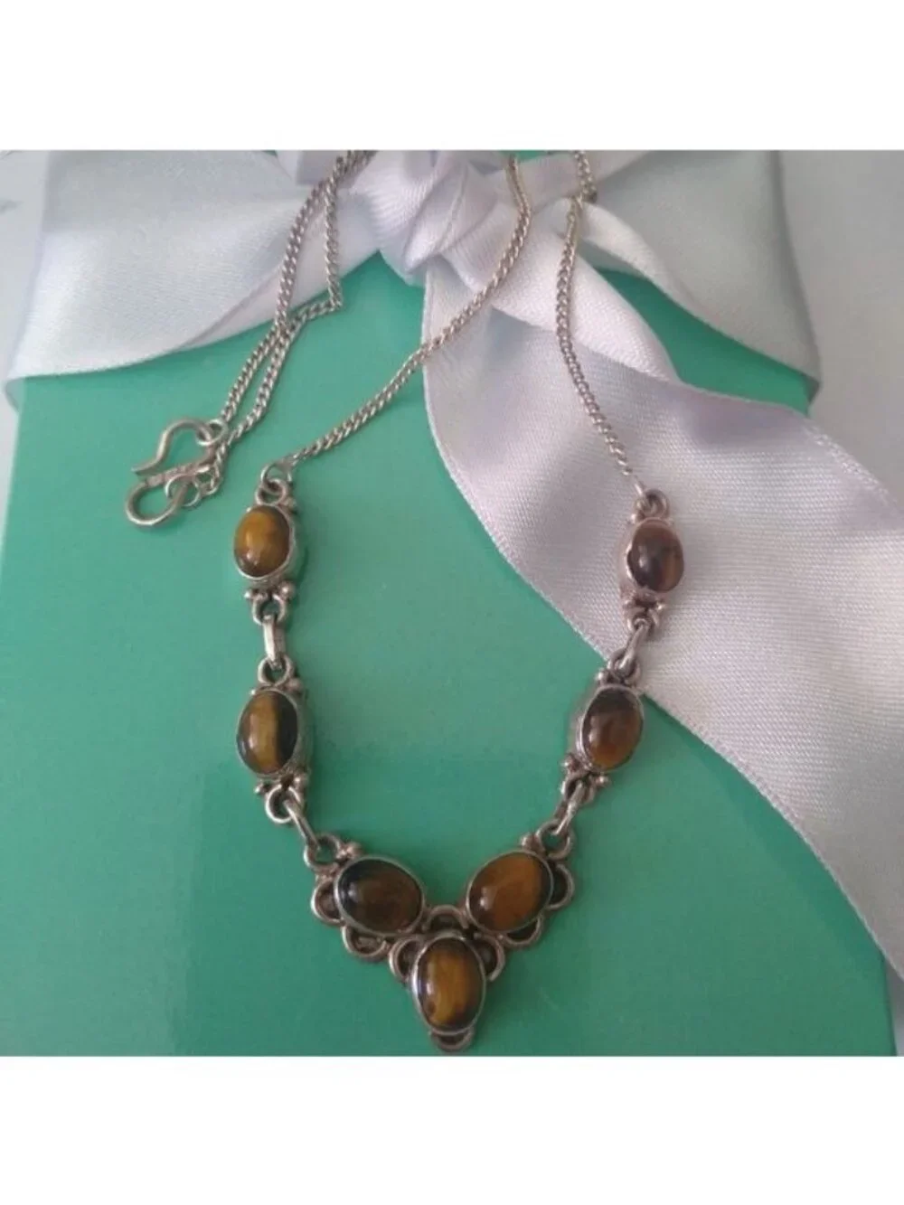 Sterling Silver + Tigers Eye V shaped Station Necklace, 18